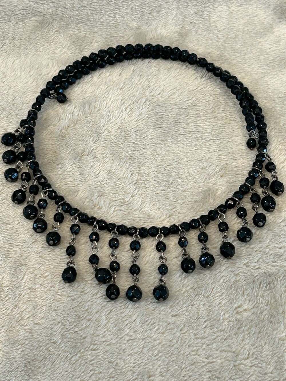 Vintage Black Faceted Glass Bead Fringe Cascade Choker Necklace